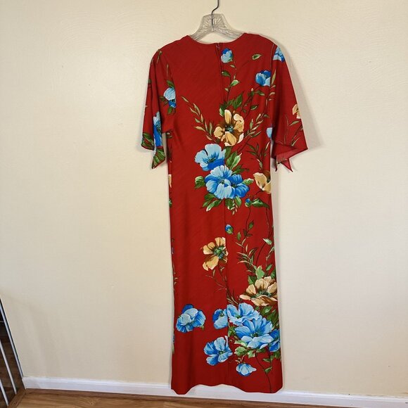 Vtg Red Floral Maxi Dress Nani Of Hawaii Short Sleeves Polyester USA Small - Picture 3 of 6